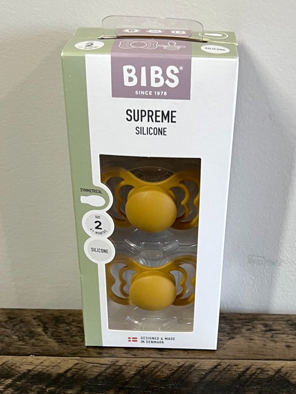 BIBS Supreme Silicone Pacifiers Size 2 Mustard Yellow 2 Pack NWT Scandinavian